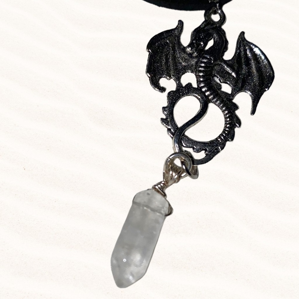Hand Crafted Quartz Crystal Dragon Necklace Vegan Suede Microfiber Wire Wrapped - Picture 4 of 6